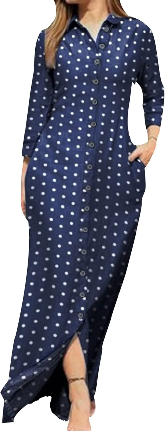 YMING Womens Floral Printed Dresses Long Sleeve Button Down Shirt Dress Lapel Loose Blouse Dress with Pockets