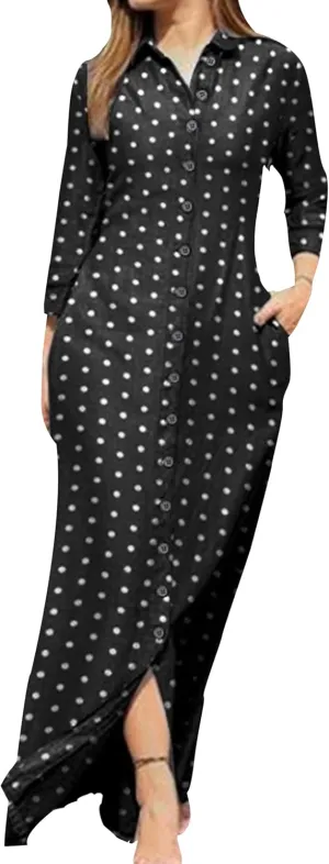 YMING Womens Floral Printed Dresses Long Sleeve Button Down Shirt Dress Lapel Loose Blouse Dress with Pockets
