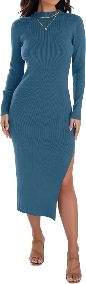 ZESICA Women's 2025 Ribbed Knit Dress Long Sleeve Mock Neck Slim Fit Side Slit Spring Elegant Sweater Dresses